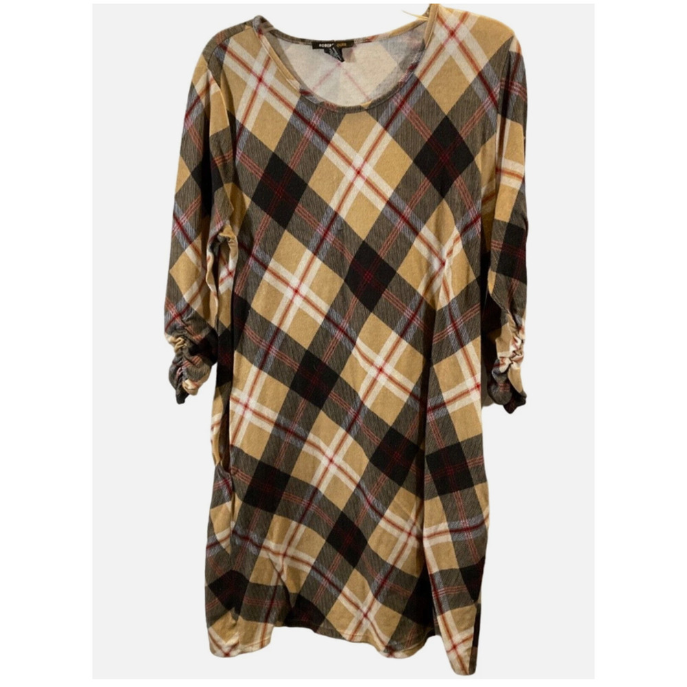 Robert Louis Dress Womens Large Tan Plaid 3/4 Sleeve Knit Shift Fall Casual‎